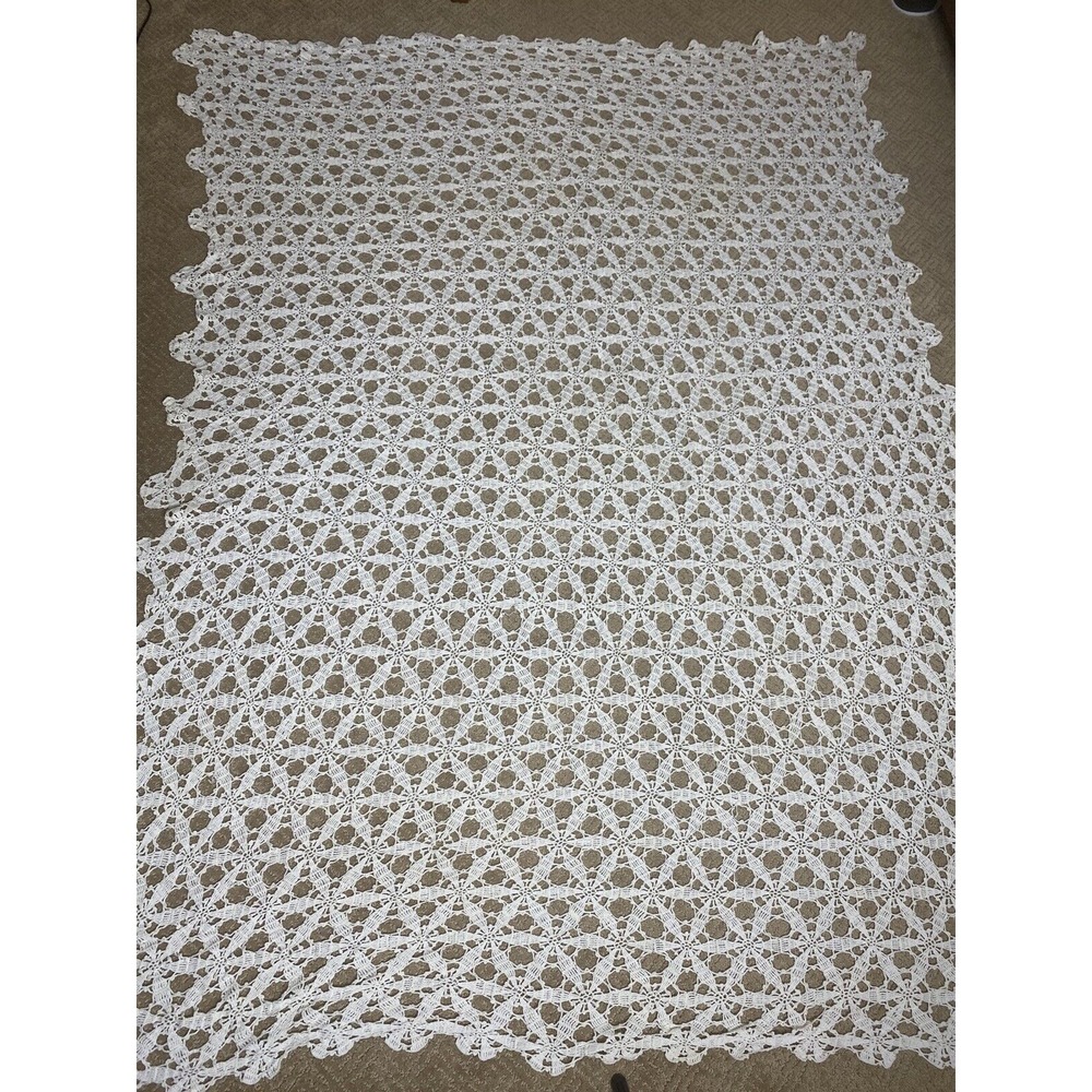Vintage Handmade Crochet Doily Tablecloth Bedspread Ecru Off White Twin 80"x66"